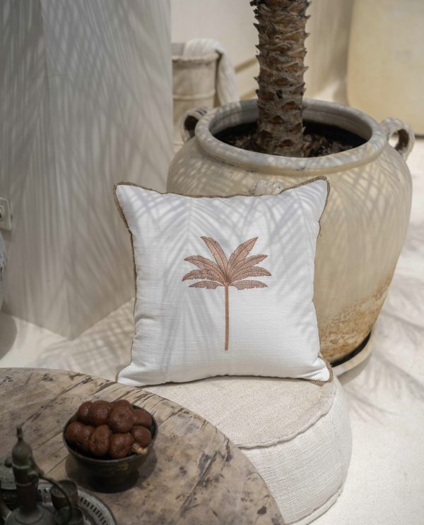 Premium linen cushion cover with embroidered palm tree and jute trimming