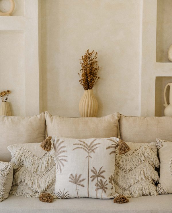 Premium palm cove linen cushion cover with pom poms