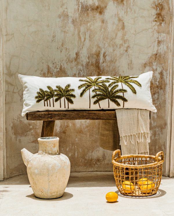 Linen lumbar cushion cover with embroidered palm trees