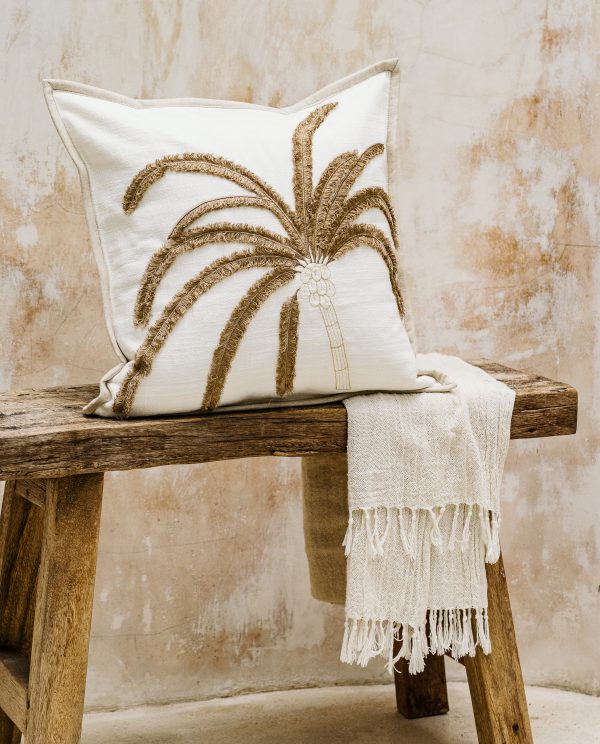 Linen cushion cover with coconut palm tree and trimming