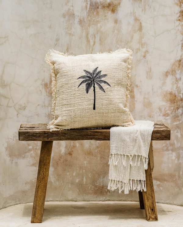 Raw cotton fringed cushion cover with embroidered palm tree
