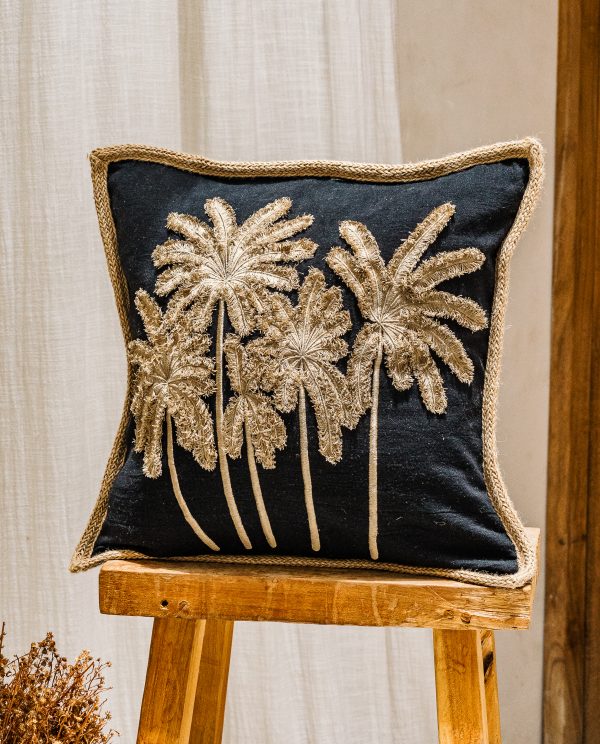 Black palm cove linen cushion cover with jute trimming