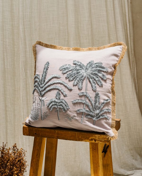 Lilac palm cove linen cushion cover with jute fringes